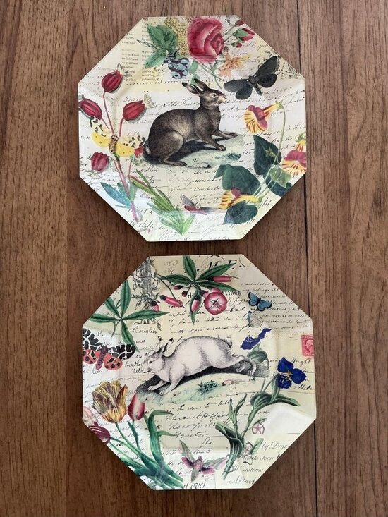 John Derian Other - John Derian Rabbit Botanical Octagon Plates Pair Easter Decoupage Glass 10"